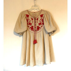 Free People Dress Aline Mini XS Cream Embroidered Puff Sleeve Short